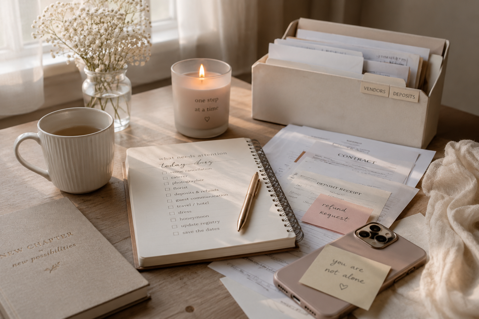 Calm workspace with wedding contracts, deposit receipts, a checklist, and a phone